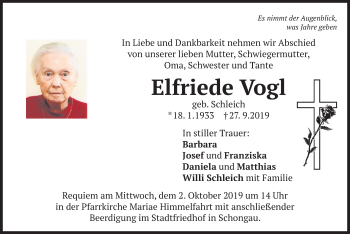 Todesanzeige von Elfriede Vogl von merkurtz