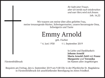 Todesanzeige von Emmy Arnold von merkurtz