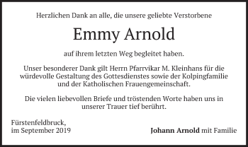 Todesanzeige von Emmy Arnold von merkurtz
