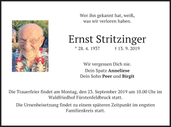 Todesanzeige von Ernst Stritzinger von merkurtz