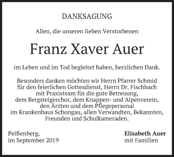 Todesanzeige von Franz Xaver Auer von merkurtz