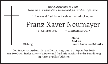 Todesanzeige von Franz Xaver Neumayer von merkurtz
