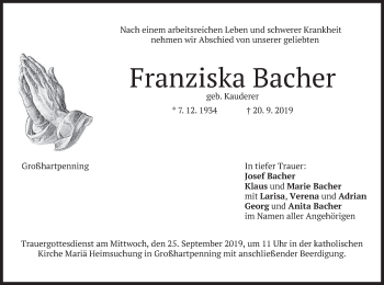 Todesanzeige von Franziska Bacher von merkurtz