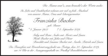 Todesanzeige von Franziska Bacher von merkurtz