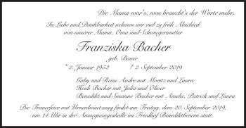 Todesanzeige von Franziska Bacher von merkurtz