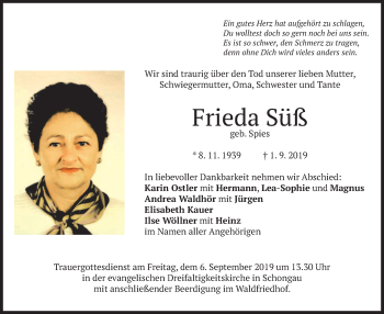 Todesanzeige von Frieda Süß von merkurtz