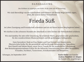 Todesanzeige von Frieda Süß von merkurtz