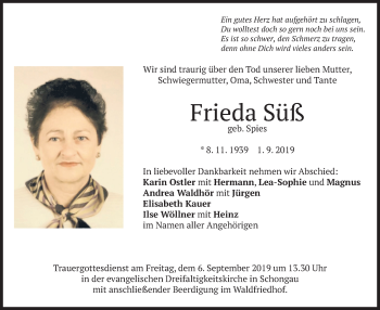 Todesanzeige von Frieda Süß von merkurtz