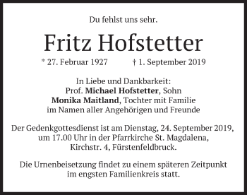 Todesanzeige von Fritz Hofstetter von merkurtz