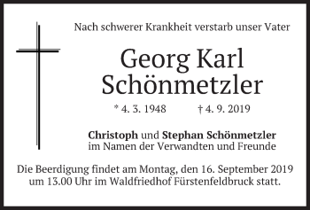 Todesanzeige von Georg Karl Schönmetzler von merkurtz