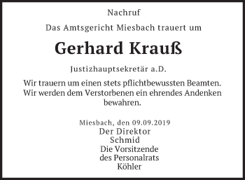 Todesanzeige von Gerhard Krauß von merkurtz