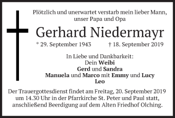 Todesanzeige von Gerhard Niedermayr von merkurtz