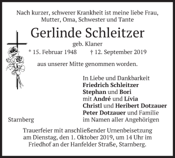 Todesanzeige von Gerlinde Schleitzer von merkurtz