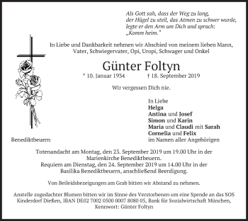 Todesanzeige von Günter Foltyn von merkurtz