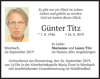 Todesanzeige von Günter Titz von merkurtz