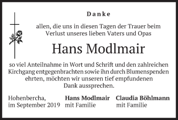 Todesanzeige von Hans Modlmair von merkurtz