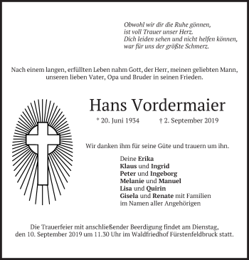 Todesanzeige von Hans Vordermaier von merkurtz