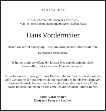 Todesanzeige von Hans Vordermaier von merkurtz