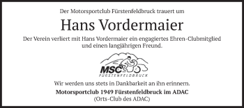 Todesanzeige von Hans Vordermaier von merkurtz