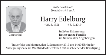 Todesanzeige von Harry Edelburg von merkurtz