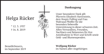 Todesanzeige von Helga Rücker von merkurtz