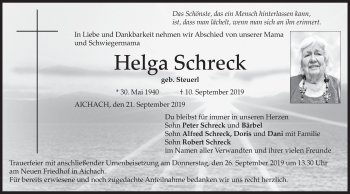 Todesanzeige von Helga Schreck von merkurtz
