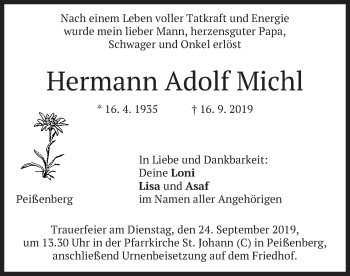 Todesanzeige von Hermann Adolf Michl von merkurtz