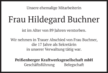 Todesanzeige von Hildegard Buchner von merkurtz