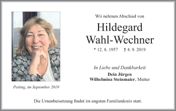Todesanzeige von Hildegard Wahl-Wechner von merkurtz