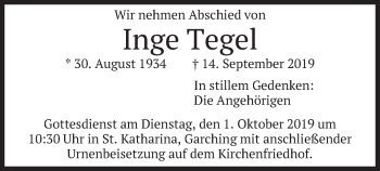 Todesanzeige von Inge Tegel von merkurtz