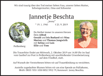 Todesanzeige von Jannetje Beschta von merkurtz