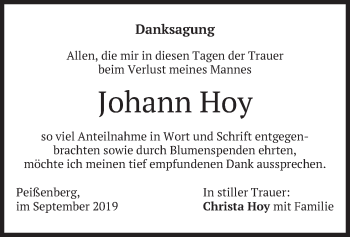 Todesanzeige von Johann Hoy von merkurtz