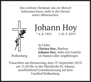 Todesanzeige von Johann Hoy von merkurtz