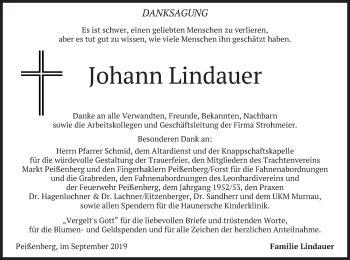 Todesanzeige von Johann Lindauer von merkurtz