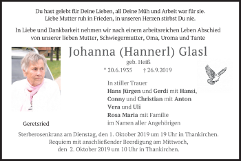 Todesanzeige von Johanna Glasl von merkurtz