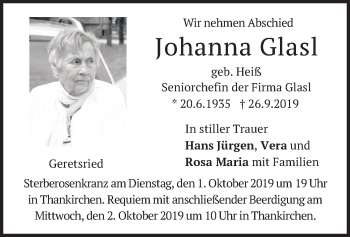Todesanzeige von Johanna Glasl von merkurtz