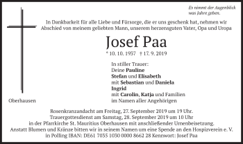 Todesanzeige von Josef Paa von merkurtz