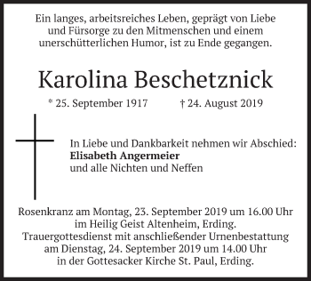 Todesanzeige von Karolina Beschetznick von merkurtz