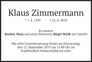 Todesanzeige von Klaus Zimmermann von merkurtz