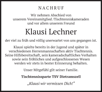 Todesanzeige von Klausi Lechner von merkurtz