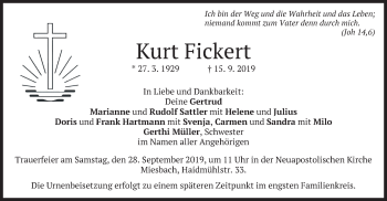 Todesanzeige von Kurt Fickert von merkurtz