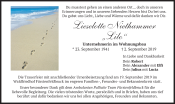 Todesanzeige von Lieselotte Niethammer von merkurtz