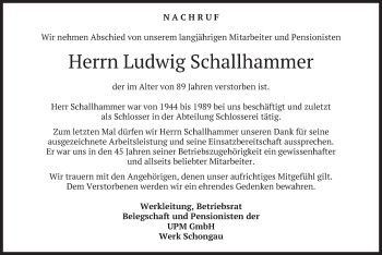 Todesanzeige von Ludwig Schallhammer von merkurtz