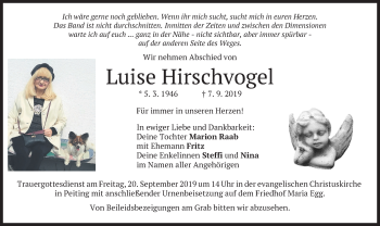 Todesanzeige von Luise Hirschvogel von merkurtz