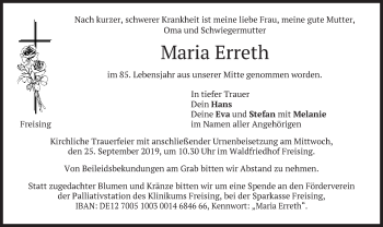 Todesanzeige von Maria Erreth von merkurtz