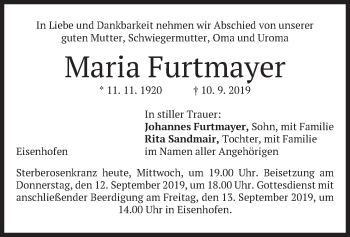 Todesanzeige von Maria Furtmayer von merkurtz