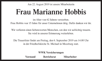 Todesanzeige von Marianne Hobbis von merkurtz