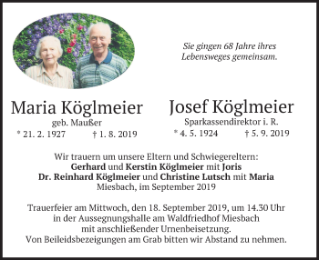 Todesanzeige von Maria und Josef Köglmeier von merkurtz