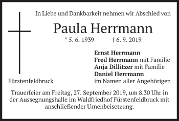 Todesanzeige von Paula Herrmann von merkurtz