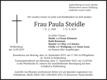 Todesanzeige von Paula Steidle von merkurtz